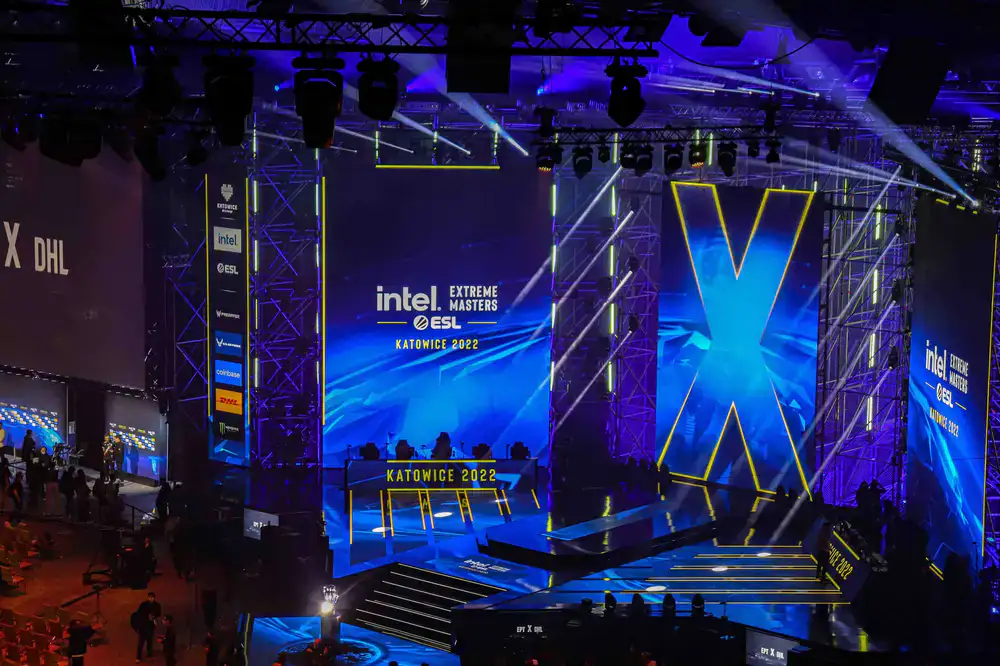 Brightly lit esports tournament stage